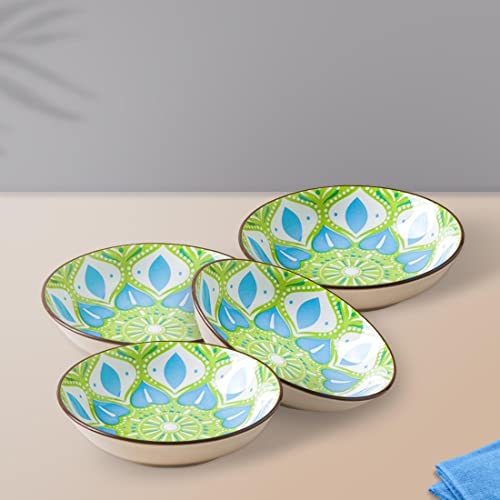 Image of Nestasia Ceramic Round Snack Plate Set of 4 (5.5 Inch Each) - Floral Patterned Dahi Bhalla Plate for Serving Chaat, Halwa, Chakna, & Desserts | Microwave & Dishwasher Safe Small Plate (Green & Blue)