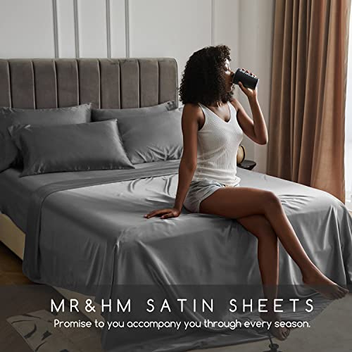 Image of MR&HM Satin Bed Sheets, Queen Size Sheets Set, 4 Pcs Silky Bedding Set with 15 Inches Deep Pocket for Mattress (Queen, Dark Grey)