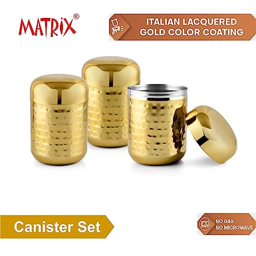 Image of MATRIX Stainless Steel Hammer Finish Capsule shaped Canister Set of 3 | Kitchen Containers Set | Tea Coffee Sugar Canister | 100% Food Grade Stainless Steel Storage Containers (Golden Color Coated)