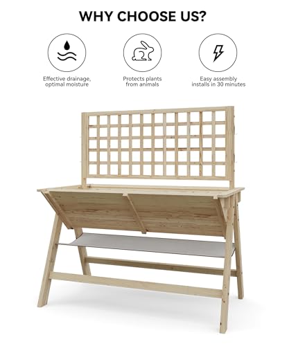 52x30x54In Elevated Garden Bed with Legs, Tall Wooden Planter Box with Climbing Trellis, Outdoor Standing Raised Bed for Vegetables, Flowers, and Herbs-Natural