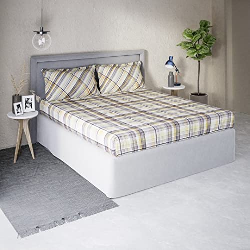 Image of DDECOR - Plaids 100% Cotton Double Bedsheet with 2 Pillow Covers, Yellow