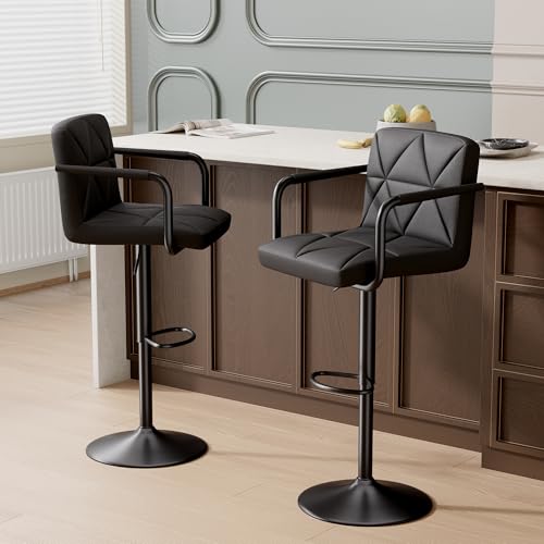 Butacos modernos ajustables Hatchsun, set de 2 taburetes giratorios para barra con respaldo, brazos y reposapiés, altura ajustable de 23,5 a 32,5 pulgadas, capacidad de 300 libras (Negro)