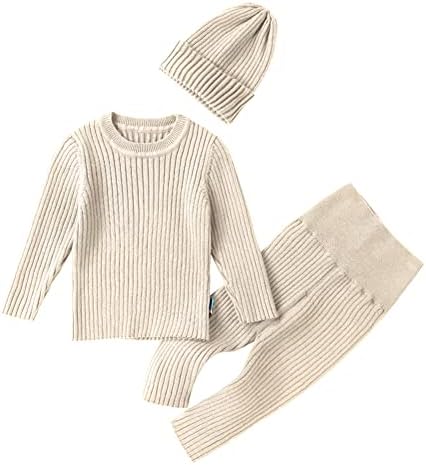 Teach Leanbh Baby Boys Girls Sweater Set Ribbed Elastic Knit Clothes Outfit Set Solid Tops High Waist Pants Hat Light Khaki/12 Months