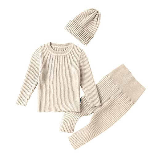 Teach Leanbh Baby Boys Girls Sweater Set Ribbed Elastic Knit Clothes Outfit Set Solid Tops High Waist Pants Hat Light Khaki/12 Months #TOP29