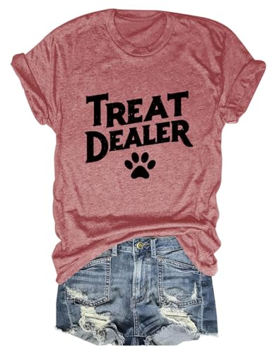 Dog Mom Shirt Treat Dealer T Shirt for Women Cute Dog Paw Print Graphic Tees Funny Dogs Lover Short Sleeve Tops (US Alpha Medium Regular Regular Rose Gold)