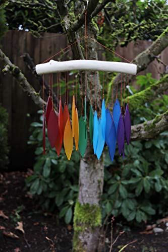 Cohasset Tumbled Glass Wind Chime - Rainbow Leaf Design - Recycled Glass And Driftwood - Lgbtq Pride, Yard Art, Multi Color, Chakras, Mobile, Window Art #TOP3