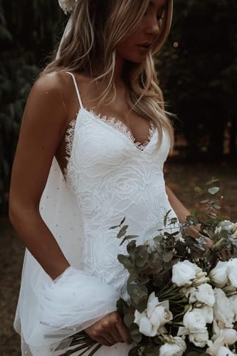 Beach Mermaid Wedding Dresses for Bride 2025 Lace Appliques V Neck Long Boho Bride Dress with Train3