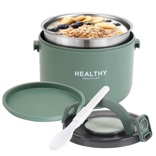 LKEVREG Termo para Comida, 1000ml Fiambrera Térmica de Acero Inoxidable, Aislante Térmico Recipiente con Cuchara Plegable para Rellenar Sopas, Ensaladas, Pasta (Verde)