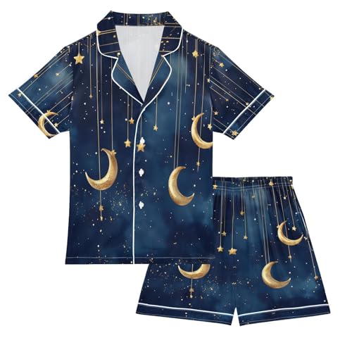 Star Moon Blue Tie Dye Pajamas Set Soft Pjs Sets 2 Piece Short Sleeve Sleepwear Casual Loungewear