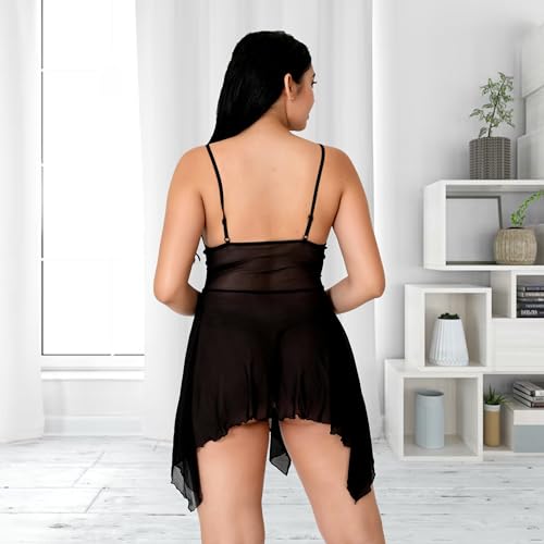 Image of Fihana Babydoll Lace Nighty for Women | Sensual Elegance with Adjustable Straps and V-Neck Design, Size-XXXL. Black