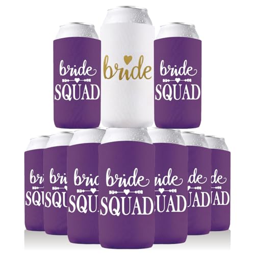 Image of PartyGifts&Beyond Bridesmaid Gifts Can Cooler 10Packs Bachelorette Party Decorations Slim Can Cooler Bride Squad Can Sleeves(Purple)