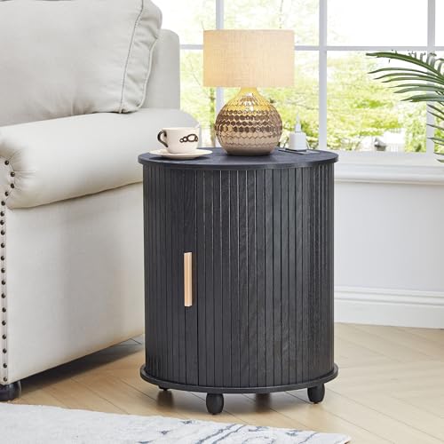 Image of 18 inch Round End Table, Modern Wood End Side Table with Charging Station - 2 AC + USB + Type-C, Fluted Nightstand with Sliding Door for Living Room, Bedroom (18 Inch, Black)