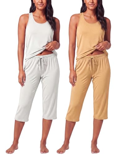 Image of 2 Pack Women's Pajama Sets 2 Piece Tank Top Capri Pants PJs Sleepwear Cute