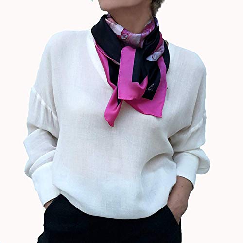 Large Square Silk Scarf, Black Shawl with Pink Flower, Mother, Women Gift4