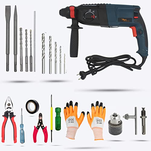 Image of Hillgrove HGCM121M1 26mm Hammer Impact Drill Machine Forward /Reverse Rotation with Drill Chunk(13mm),5 Pcs Hand Tools and HSS Drill Bits for Making Holes in Metal /Wood /Concrete Hammer Drill (1200W)