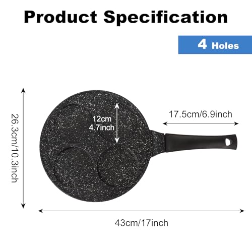 ZOFUN Pancake Pan, 26 cm Egg Frying Pan with 4 Eggs Holes 12cm, Non Stick Frying Pan with Handle, Black Induction Poached Egg Pan for Individual Pancakes, Frying, Uthappam, Induction - Image 3