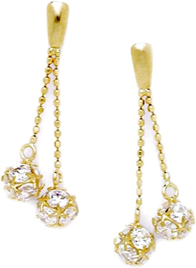 14k Yellow Gold Cubic Zirconia Medium 2 Balls Drop Screw Back Earrings 28x10mm Ball Earring for Women