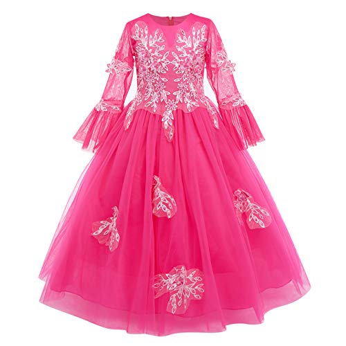 Flower Girl Lace Dress for Kids Wedding Bridesmaid Pageant Party Long Princess Dresses Sequins Tulle Sheer 3/4 Sleeves Formal Maxi Gown Big Girls Communion Birthday Prom Dress Hot Pink 11-12 Years