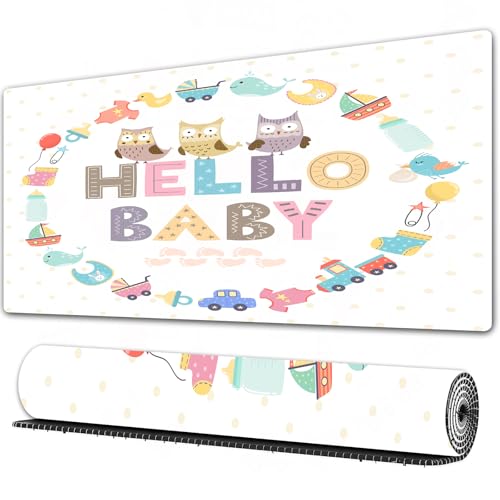 FEHWI - FEHWI Grand Tapis de Souris de Jeu avec Bords surpiqués et Dos antidérapant,sous-Main pour Clavier et Souris,Baby Shower, Citation Hello Baby avec des éléments pour Enfants et des Oiseaux Hi,90×40 cm