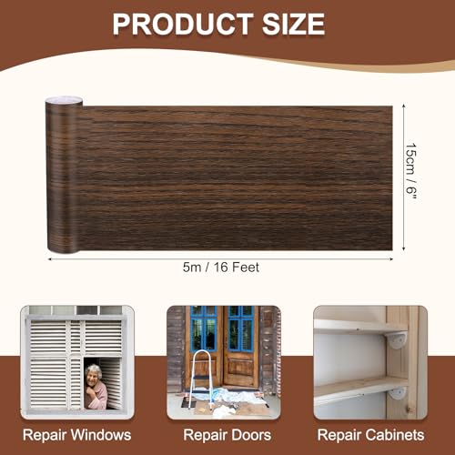 Image of MECCANIXITY Wood Grain Repair Tape, 6 Inch x 16 Feet Self Adhesive Wood Grain Tape Multi-Purpose Wallpaper Border Trim for Furniture Floors Windows Doors Tables Home, Black Brown