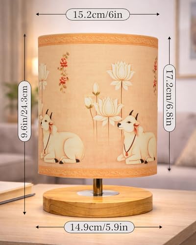 Image of Homesake Pine Table Lamp Wooden Bedside Lamp Simple Bedroom Light Linen Shade Mini Desk Lamp Nightstand Lamp for Bedroom, Living Room, Gift, (Pichwai Art of India Shade Cylinder)