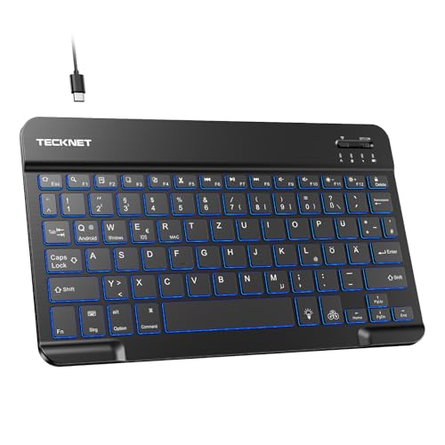 TECKNET Deutsche Bluetooth Tastatur für Tablet/iPad Mini/Pro/Air/10.2/10.9/iPhone/Android/Windows, iPad Tastatur mit Beleuchtung, Wiederaufladbar, Tragbare Kabellose, Ultra-dünn, Schwarz