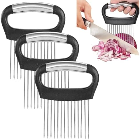 FATUXZ 3 Pieces Large Onion Holder for Slicing, Stainless Steel Onion Chopper Tomato Slicer Lemon Slicer Onion Cutter for Slicing, Onion Slice Holder Vegetable Cutter for Potato,Tomato, Avocados, Eggs Cover
