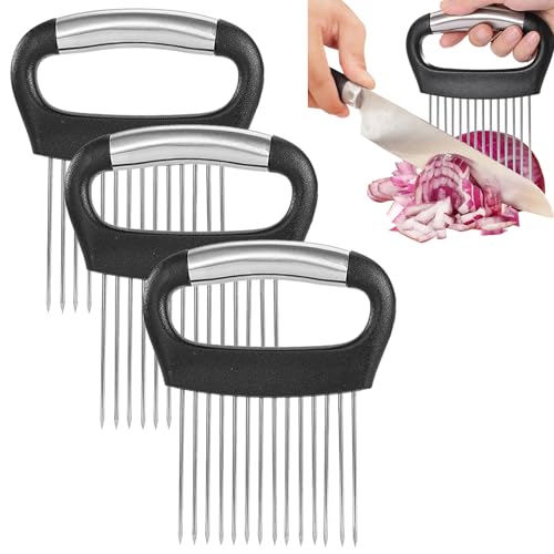 FATUXZ 3 Pieces Large Onion Holder for Slicing, Stainless Steel Onion Chopper Tomato Slicer Lemon Slicer Onion Cutter for Slicing, Onion Slice Holder Vegetable Cutter for Potato,Tomato, Avocados, Eggs