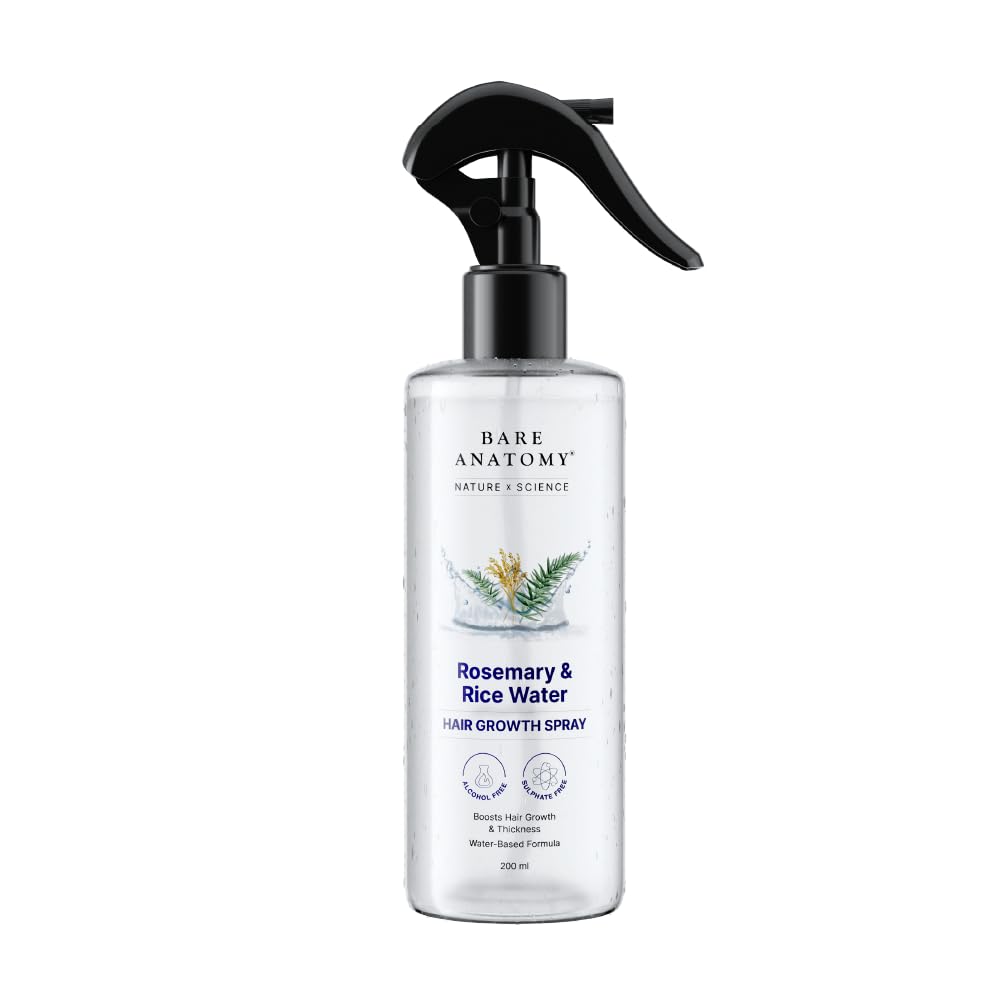 Bare Anatomy Nature x Science Rosemary Water Spray for Hair Growth & Hair Thickness with Rice Water |100% Natural Extract | Soft & Smooth Hair| Contro...