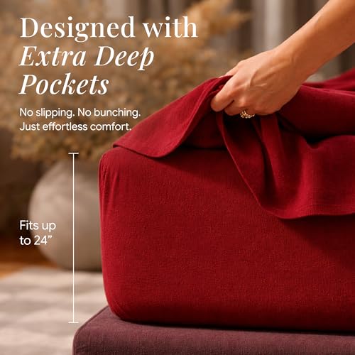 Image of Tribeca Living King Cotton Flannel Flat Sheet Only 170-GSM - Oversized 112 x 106 Inch Dimensions for Generous Bed Coverage - Soft Breathable Bedding in Deep Red