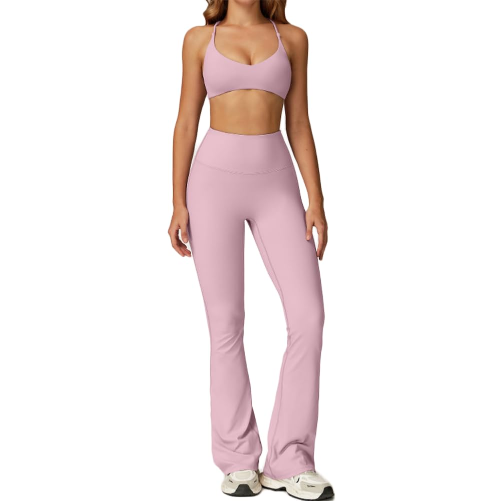 JPXJGT Women's Sexy Solid Crop Top and Leggings Set with Elastic Waist Breathable Gym Fitness Yoga Suit(Size:M,Color:Pink)