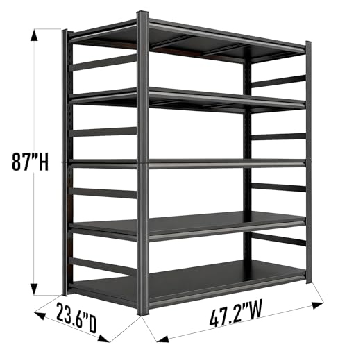 Image of Heavy Duty Garage Shelving, 87 inch H x 47.2 inch W x 23.6 inch D, 3000 lbs Load Capacity, Sturdy Steel Metal Shelves for Storage, Industrial Black 5-Tier Shelving Rack for Garage, Basement, and Workshop