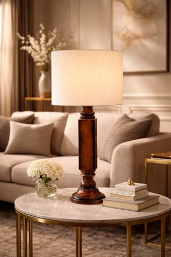 Image of tu casa Mango Wood Table Lamp with Satin Cobra Saffron Print Shade | Handmade Rustic Bedside Lamp for Bedroom, Living Room & Home Decor