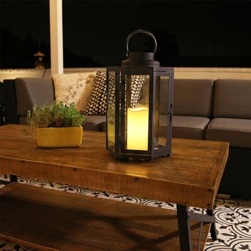 Image of Alpine Corporation 14 inch Tall Outdoor Hexagonal Battery-Operated Metal Lantern with LED Lights, Black