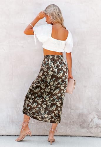 Image of HERBATOMIA Women's Floral Print Midi Skirt Casual High Elastic Waist Zipper Vintage Long Boho Skirts for Women