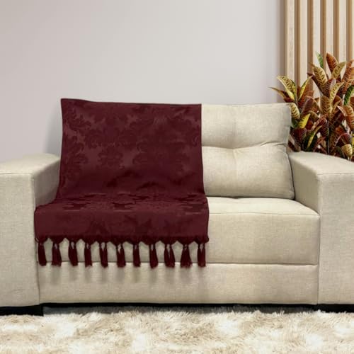 Jogo Manta Xale para Sofá Artesanal com Franjas 1,40 x 1,80 com 2 Capas de almofadas (119 VINHO)