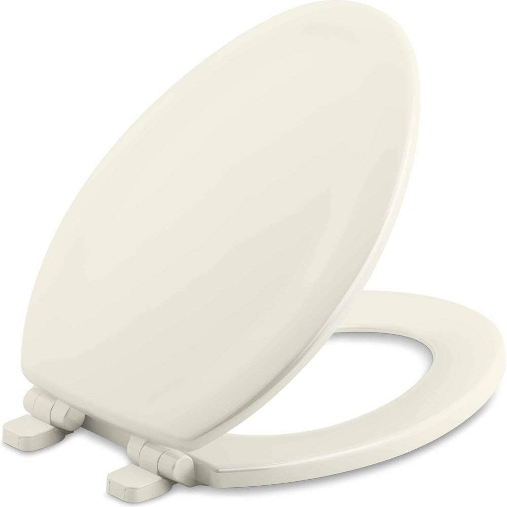 KOHLER Stonewood Quiet-Close, Elongated Toilet Seat Soft Close, Durable Wood, Easy Installation, Universal Fit, Home Essentials, Biscuit Finish, K-20466-96