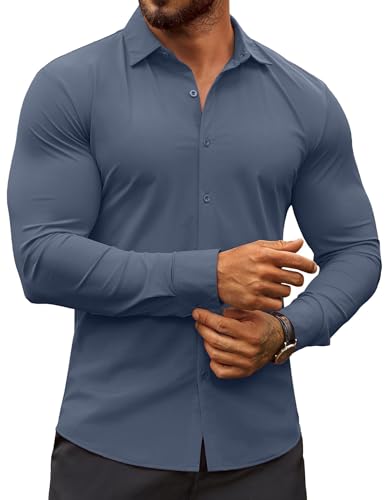 COOFANDY Men's Button Up Shirts Long Sleeve Untucked Dress Shirt Regular Fit Button Down Shirt Denim Blue