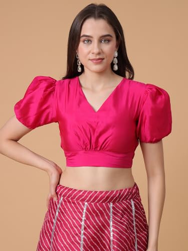 Image of Frolic Rolic Premium Silk V-Neck Blouse Readymade Saree Blouse - Designer Puff Sleeve Blouse for Wedding