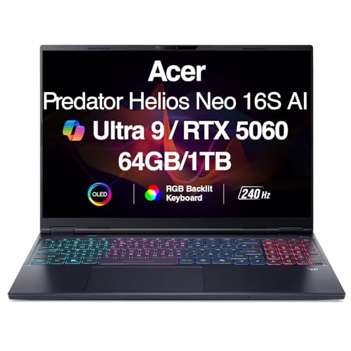 Image of Acer Predator Helios Neo 16S AI Gaming Laptop 16.0 inch 240Hz OLED WQXGA (Intel Ultra 9 275HX, GeForce RTX 5060 8GB, 64GB DDR5, 1TB SSD, AI Copilot, Thunderbolt 4, RGB KB, Wi-Fi 6E, Win 11 Pro)