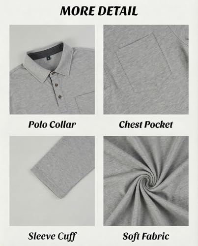 Camiseta polo para hombre de manga larga con cuello contrastante y botones, estilo casual para golf y uso diario | Bolsillo en el pecho, transpirable, ligera, diseño clásico sin costuras visibles, movimiento flexible, estilo de trabajo a fin de semana miniatura 5