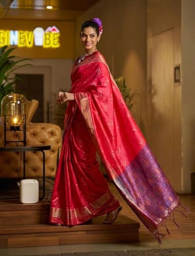 Image of MADHUHANSH Women's Cotton Linen Saree with Unstitched Blouse Piece and Solid Pattern | Mithila Painting Saree | Saree for Haldi Ceremony