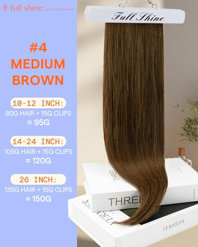 Image of Full Shine Human Hair Clip in Extensions 14 Inch Brown | Clip in Hair Extensions Real Human Hair, Straight Medium Brown Hair Extensions for Women, 7 Pcs 120g