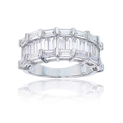 Sterling Silver Twin Baguette Cut 7 Stone Cubic Zirconia Anniversary Band Ring