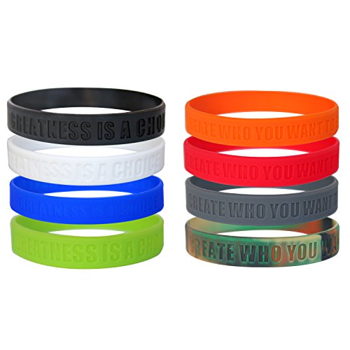 Greatness is a Choice, Create Who You Want to Be Silicone Wristbands with Quote, Rubber Bracelets for Fitness, Workouts, Exercise, Basketball, Weight Training (Multipack (8 Wristbands))