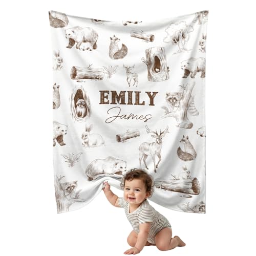 Image of Personalized Baby Blanket for Boys Girls, Custom Name Color and Sizes, Woodland Animals Baby Blankets for Son Daughter, Super Soft Fleece Blanket, Lightweight Bed Throw Nursery Blanket