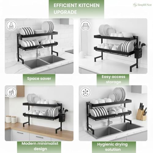 Image of Stainless Steel Over-the-Sink Dish Drying Rack | 2-Tier Space-Saving Bartan Stand | Anti-Rust Utensil Drainer with Cutlery Holder & Tray