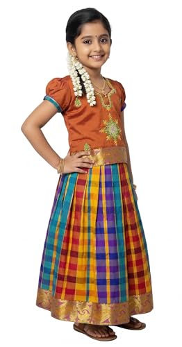 Image of Girls Traditional Silk Pavadai Sattai Lehenga Choli with Waist Belt | Ethnic Festival Wear for Girls, Perfect for Weddings, Pongal, Religious & Special Occasions