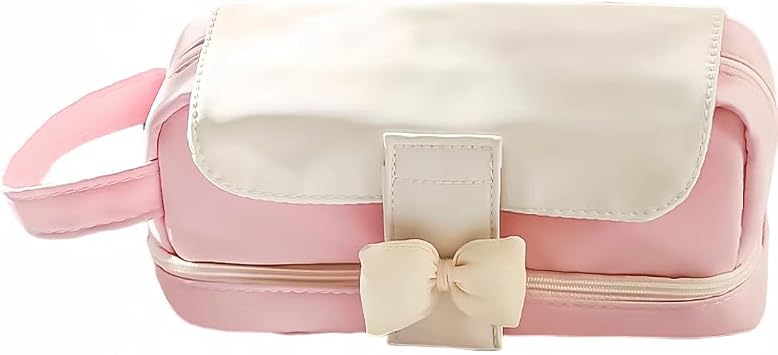 Cute Bow Big Capacity Pencil Case 2 Compartments Large Pencil Pouch Pen Bag Pencil Box Holder Organizer Simple Storage Aesthetic Stationery Cosmetic for Adults Men Women Office Essentials Pink