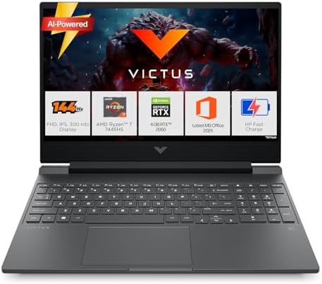 HP Victus, AMD Ryzen 7 7445HS, 4GB RTX 2050, 16GB DDR5(Upgradable) 512GB SSD, FHD, 144Hz, 300 nits, IPS, 15.6”/39.6cm, Win11, M365* Office24, Mica Silver, 2.29kg, fb3123AX, Backlit, Gaming Laptop